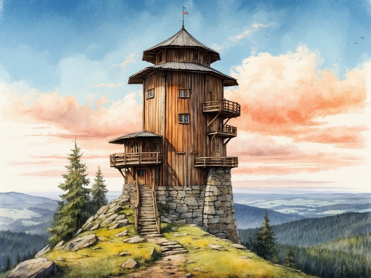 Der Aussichtsturm auf dem Lusen ist ein imposantes Holzgebäude, das auf einem felsigen Hügel steht und von Nadelbäumen umgeben ist. Der Turm hat mehrere Balkone und eine charakteristische schindelige Dachkonstruktion, die in den Himmel ragt. Die darunter liegenden Steinstufen führen zum Eingang des Turms. Im Hintergrund ist eine weite Landschaft mit sanften Hügeln und einem eindrucksvollen Himmel zu sehen, der in sanften Rosatönen leuchtet.