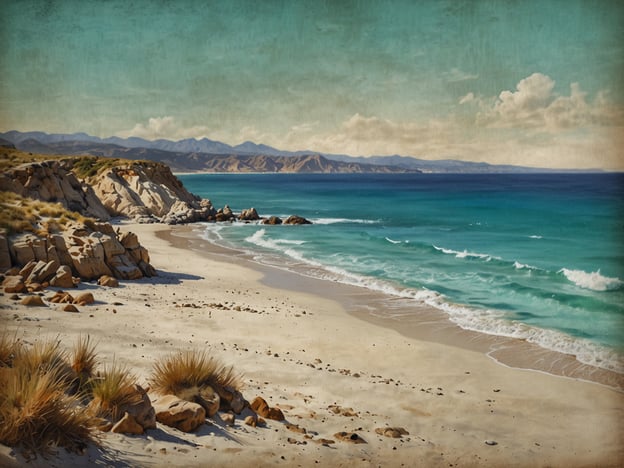 Auf dem Bild sind die beeindruckenden Strände einer Küstenlandschaft zu sehen. Der weiche Sandstrand erstreckt sich entlang einer sanften Küste, umgeben von Felsen und sanften Hügeln. Das türkisfarbene Wasser hat sanfte Wellen, die an den Strand gespült werden, während im Hintergrund eine beeindruckende Berglandschaft sichtbar ist. Die Atmosphäre strahlt Ruhe und natürliche Schönheit aus.