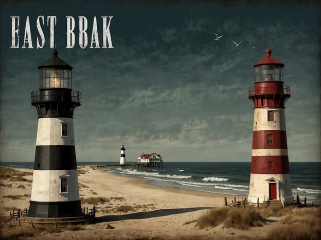 Auf dem Bild sind zwei historische Leuchttürme der Outer Banks zu sehen. Der Leuchtturm auf der linken Seite hat ein schwarz-weiß gestreiftes Design, während der rechte Leuchtturm rot-weiß gestreift ist. Im Hintergrund erkennt man einen weiteren Leuchtturm sowie eine Pierstruktur. Die Szenerie zeigt die Küstenlandschaft mit Sandstränden und einer ruhigen See, was typisch für die Outer Banks ist. Diese Leuchttürme haben eine wichtige Rolle in der Schifffahrt gespielt und sind bedeutende historische Wahrzeichen der Region.