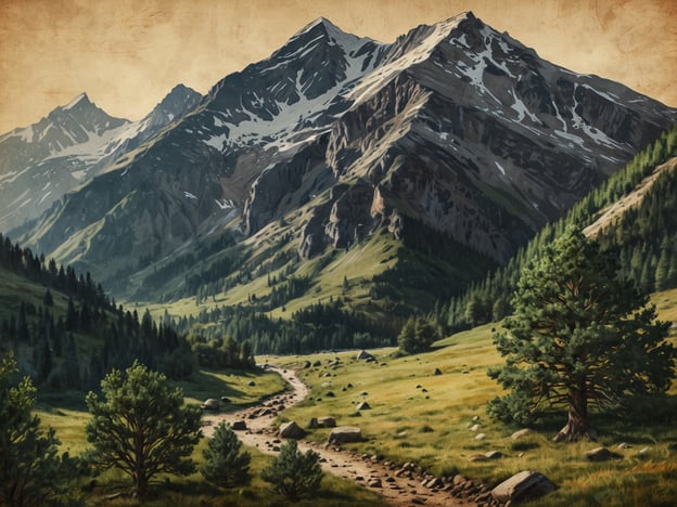 Auf dem Bild ist eine malerische Landschaft zu sehen, die die beeindruckenden Berge und die üppige Vegetation von Jackson Hole widerspiegelt. Die hohen, schneebedeckten Gipfel erheben sich majestätisch über das grüne Tal, durch das ein schmaler Weg führt. Ein Gefühl von Ruhe und Naturverbundenheit durchzieht die Szenerie, was die Faszination von Jackson Hole widerspiegelt. Die harmonische Verbindung von Bergen, Wäldern und Wiese lädt dazu ein, die Schönheit dieser Umgebung zu genießen.