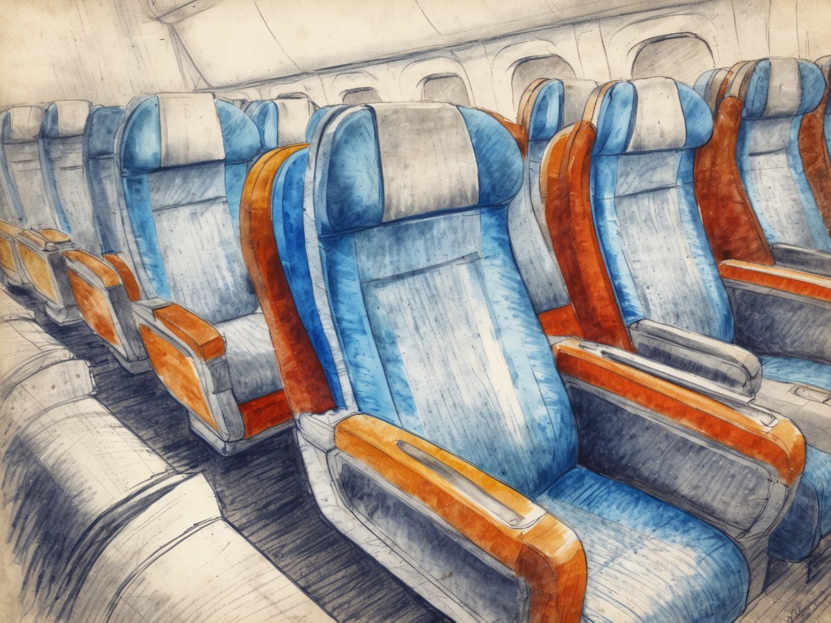 Das Bild zeigt die Innenansicht eines Flugzeugs mit mehreren Sitzreihen. Die Sitze sind in verschiedenen Blau- und Orangetönen gehalten und verfügen über gepolsterte Rückenlehnen sowie Armlehnen aus Holz. Der Gang zwischen den Sitzreihen ist sichtbar, während die Fenster und die strukturierte Decke des Flugzeugs im Hintergrund angedeutet sind.