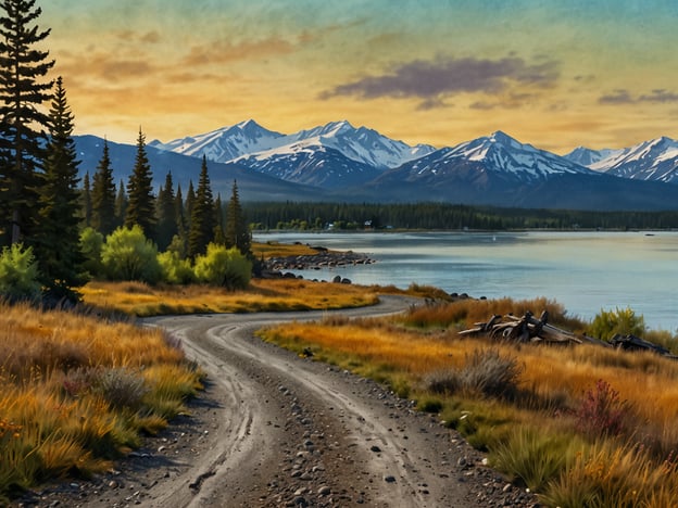 Auf dem Bild ist eine malerische Landschaft zu sehen, die eine kurvenreiche, unbefestigte Straße zeigt, die sich durch ein Gebiet mit hohem Gras und Sträuchern windet. Im Hintergrund erheben sich majestätische Berge, die teilweise mit Schnee bedeckt sind, während der Himmel in warmen Farben leuchtet, vermutlich im Sonnenuntergang. Diese Szenerie vermittelt ein Gefühl von Ruhe und Naturverbundenheit, typisch für die atemberaubende Umgebung rund um Anchorage, wo solche Landschaften häufig anzutreffen sind. Der nahe Wasserbereich deutet darauf hin, dass dies eine ländliche und unberührte Gegend ist, die ideale Bedingungen für Outdoor-Aktivitäten bietet.