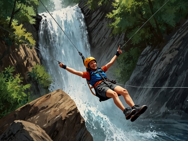 Auf dem Bild ist eine Person zu sehen, die an einem Zipline-Seil über einen Wasserfall fährt. Diese Aktivität ist perfekt für Abenteuerlustige und Thrill-Seeker. Es vermittelt ein Gefühl von Freiheit und Adrenalin, während man in der Luft schwebt und die atemberaubende Landschaft genießt. Solche Aktivitäten sind ideal für Menschen, die Nervenkitzel und Naturerlebnisse lieben, wie zum Beispiel Ziplining, Canyoning oder Rafting.