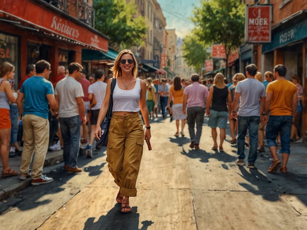 Auf dem Bild ist eine lebhafte Straßenszene zu sehen, die das pulsierende Leben in der Stadt widerspiegelt. Menschen schlendern durch die Straße, während Geschäfte und Cafés das Ambiente kulturell bereichern. Im Herzen der Stadt spielt Musik eine wichtige Rolle, vielleicht erklingt irgendwo das Geräusch von Live-Auftritten oder Straßenmusikern, die die Passanten unterhalten. Die Atmosphäre ist lebendig und einladend, was die kulturelle Vielfalt und die Freude am urbanen Leben widerspiegelt.