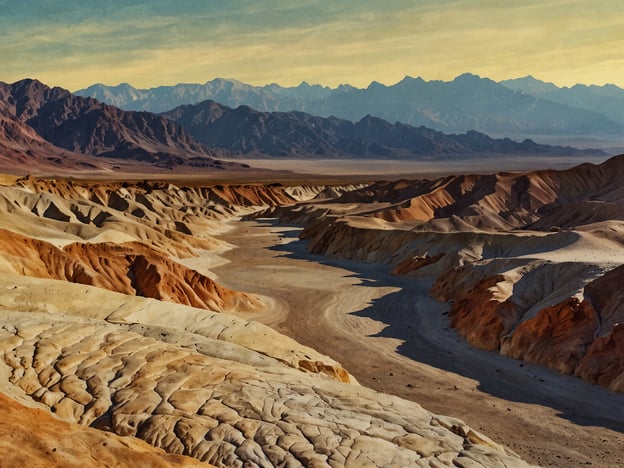 Das Bild zeigt eine faszinierende Landschaft mit sanften Hügeln und markanten Felsformationen, die typisch für den Death Valley Nationalpark sind. Der Nationalpark, der sich in Kalifornien und Nevada erstreckt, ist bekannt für seine extremen Temperaturen und vielfältigen geologischen Merkmale. 

Die polygonalen Muster und die Farben im Gestein, die von Brauntönen bis hin zu hellen, beigen Tönen reichen, zeugen von der Erosion und den einzigartigen mineralischen Zusammensetzungen der Region. Im Hintergrund sind die beeindruckenden Berge zu sehen, die den Park umrahmen. Die Szenerie vermittelt ein Gefühl von Weite und Ruhe und zeigt die raue Schönheit dieser Wüstenlandschaft.