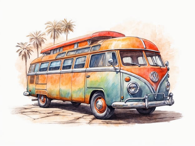 Auf dem Bild ist ein farbenfroher Volkswagen-Bus (VW Bus) zu sehen, der vor einer Palmenlandschaft steht. Dieser nostalgische Bus ist besonders beliebt bei Reisenden und Campern.

**Praktische Informationen für Besucher:**

1. **Verleihmöglichkeiten:** In vielen Regionen gibt es Mietstationen, die VW-Busse anbieten, ideal für Roadtrips oder Campingausflüge.

2. **Reiseziele:** Überlegen Sie, Strände oder Nationalparks zu besuchen, wo Sie den Bus bequem parken können, um die Natur zu genießen.

3. **Ausstattung:** Viele Busse sind mit campingfreundlichen Annehmlichkeiten wie Schlafplätzen, einer kleinen Küche und Stauraum ausgestattet.

4. **Besondere Veranstaltungen:** Halten Sie Ausschau nach VW-Bus-Treffen oder Festivals, die oft eine tolle Gelegenheit zum Austausch mit Gleichgesinnten bieten.

5. **Sicherheit:** Achten Sie darauf, die Fahrzeugsicherheit und eventuelle Campingvorschriften am gewählten Zielort zu beachten.