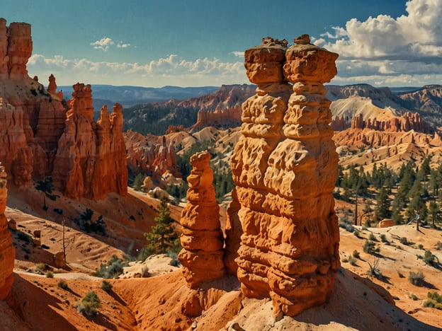 Der Bryce Canyon ist bekannt für seine beeindruckenden geologischen Formationen, die durch Erosion und die besondere Beschaffenheit des Gesteins entstanden sind. Auf dem Bild sehen wir eine der charakteristischen Felsformationen, die als Hoodoos bezeichnet werden. Diese steilen, schlanken Türme aus rotem und orangefarbenem Gestein ragen majestätisch in die Höhe und stellen ein faszinierendes Naturphänomen dar. Umgeben von einer atemberaubenden Landschaft mit Hügeln und Wäldern, vermittelt der Bryce Canyon ein Gefühl von Unendlichkeit und natürlicher Schönheit.