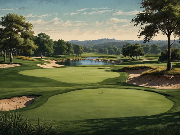 Auf dem Bild ist eine malerische Golfplatzlandschaft zu sehen. Der Platz ist durch saftig grüne Fairways, Bunker und eine Wasserstelle geprägt. 

Für unterschiedliche Spiellevel gibt es folgende Empfehlungen:

- **Anfänger**: Ein Platz mit einfacheren Löchern, flachen Fairways und weniger Hindernissen wäre ideal. Solche Plätze bieten oft großzügige Entwicklungsmöglichkeiten.

- **Fortgeschrittene**: Hier sind Plätze mit strategischen Hindernissen, wie Bunker und Seen, die die Spieler herausfordern, ideal. Man könnte in den Schlägen präziser werden.

- **Profis**: Plätze mit anspruchsvollen Layouts, langen Löchern und komplexen Grünen sind geeignet. Diese erfordern hohe Präzision und strategisches Denken.

Die dargestellte Szenerie könnte sowohl für entspannte Runden als auch für ernsthafte Wettkämpfe genutzt werden, abhängig von der Herausforderung, die die Golfer suchen.