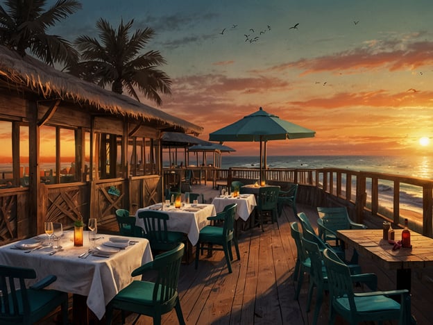 Auf dem Bild ist ein einladendes Restaurant am Strand zu sehen, das bei Sonnenuntergang eine wunderschöne Kulisse bietet. Die Tische sind elegant gedeckt, und die Atmosphäre ist perfekt für kulinarische Höhepunkte. Man könnte sich frische Meeresfrüchte, exotische Cocktails oder lokale Spezialitäten vorstellen, während die sanften Wellen des Meeres im Hintergrund rauschen. Die üppigen Palmen und die warmen Farben des Sonnenuntergangs tragen zur Gesamtstimmung bei und machen es zu einem idealen Ort für ein genussvolles Essen am Strand.