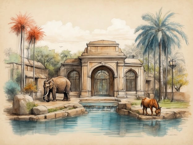 Auf dem Bild ist eine Szene zu sehen, die an die Gestaltung eines zoopädagogischen Umfelds erinnert, das mit Tieren und einer ansprechenden Architektur verbunden ist. Besonders der Elefant und das Pferd, die am Wasser stehen, symbolisieren die Vielfalt der Tierarten, die in einem Zoo vertreten sein können. Der Allwetterzoo, bekannt für seine innovative Gestaltung, bietet Lebensräume, die die natürlichen Bedingungen der Tiere im Revier nachahmen.

Die Gebäude im Hintergrund scheinen eine Mischung historischer und moderner Architektur zu darstellen, was an die Bemühungen vieler Zoos erinnert, sowohl Tiere als auch Besucher durch ansprechende Umgebungen zu verbinden. Im Allwetterzoo sind neben Tieren auch Aufklärungszentren und Besucherbereiche wichtig, um den Austausch über Tier- und Naturschutz zu fördern.

Insgesamt vermittelt das Bild die Schönheit und Bedeutung von Zoos als Orte der Bildung und Erhaltung der Artenvielfalt.