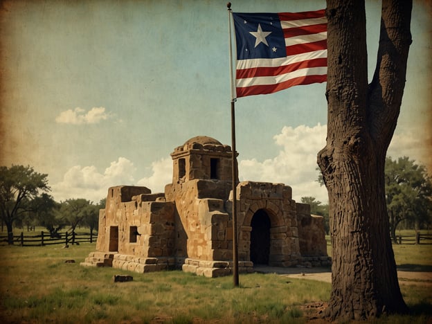 Auf dem Bild ist eine historische Struktur zu sehen, die an das Alamo erinnert. Das Alamo ist ein ehemaliges Missionsgebäude in San Antonio, Texas, das für seine zentrale Rolle im texanischen Unabhängigkeitskrieg bekannt ist. Im Jahr 1836 widerstanden die dort stationierten texanischen Truppen einem länger andauernden belagerten Angriff durch die mexikanische Armee. Das Bild zeigt auch eine Flagge, die möglicherweise symbolisch für die damaligen Unabhängigkeitsbestrebungen steht. Die Geschichte des Alamo steht für Mut und den Kampf um Freiheit, was auch durch die Architektur und die Landschaft im Hintergrund vermittelt wird.