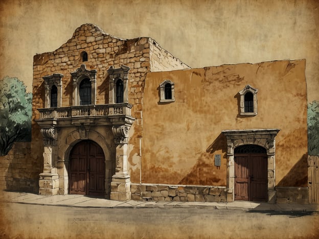 Auf dem Bild ist eine Darstellung eines historischen Gebäudes zu sehen, das architektonisch an das Alamo erinnert. Das Alamo ist ein bedeutendes historisches Wahrzeichen in Texas, das für seine Rolle im texanischen Unabhängigkeitskrieg bekannt ist. 

Die Architektur zeigt typische Elemente aus dem Mission- oder Kolonialstil, charakterisiert durch die Verwendung von Stein und eine eindrucksvolle Fassade mit dekorativen Details. Besonders hervorzuheben sind die große Eingangstür und die kleinen Fenster, die dem Gebäude einen rustikalen Charme verleihen. 

Der Erhalt solcher historischer Stätten ist von großer Bedeutung, da sie nicht nur die Geschichte verkörpern, sondern auch die kulturelle Identität und das Erbe der Region bewahren. Der Schutz und die Renovierung des Alamo sind entscheidend, um zukünftigen Generationen einen Einblick in die historischen Ereignisse und die Architektur dieser Zeit zu ermöglichen.