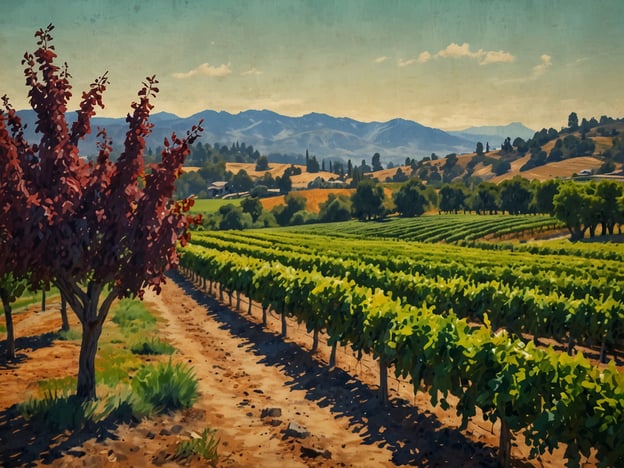 Auf dem Bild ist eine malerische Landschaft im Napa Valley zu sehen. Die Szene zeigt eine weitläufige Weinlandschaft mit Reihen von Rebstöcken, die grünes Laub tragen. Im Vordergrund steht ein dekorativer Baum, der rot gefärbte Blätter hat. Die hügelige Landschaft im Hintergrund ist mit sanften Bergen und vereinzelten Bäumen geschmückt. Der sonnige Himmel und die sanfte Beleuchtung verleihen der Szenerie eine einladende und friedliche Atmosphäre, die typisch für diese berühmte Weinregion ist. Napa Valley ist bekannt für seine herausragenden Weine und lockt zahlreiche Touristen und Weinliebhaber an.