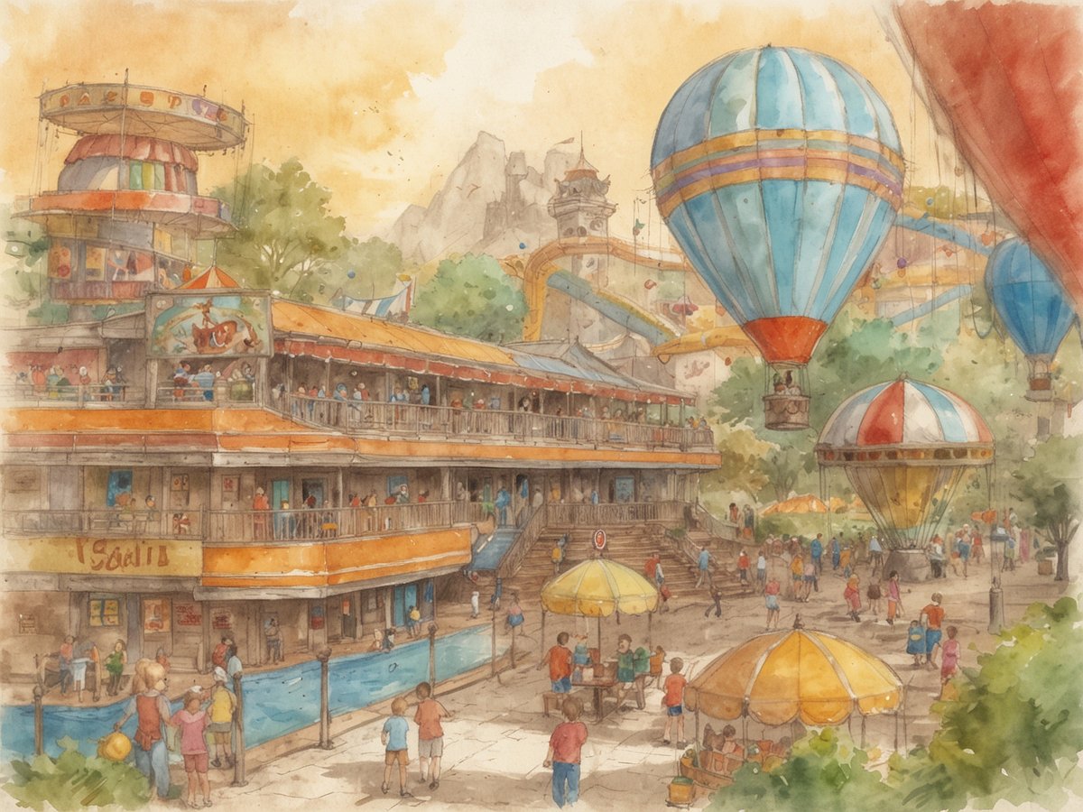Eine lebhafte Ferienlandschaft mit bunten Heißluftballons schwebt über einem Spielplatz. Unten sind viele Kinder und Erwachsene zu sehen, die spielen, lachen und sich unterhalten. Auf mehreren Etagen eines bunten Gebäudes stehen Menschen auf den Balkonen und beobachten das Geschehen. Sonnenschirme bilden schattige Plätze, an denen die Besucher entspannen können. Die Umgebung ist mit bunten Flaggen und Dekorationen geschmückt, was eine fröhliche Urlaubsstimmung vermittelt. Im Hintergrund sind Hügel und weitere Fahrgeschäfte sichtbar, die das Gefühl von Abenteuer und Spaß verstärken.
