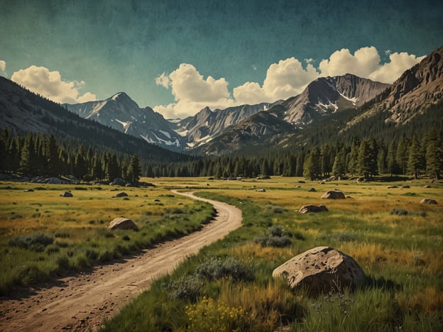 Der Rocky Mountain Nationalpark, gelegen in Colorado, ist bekannt für seine atemberaubenden Landschaften, die schneebedeckten Gipfel, tiefen Täler und dichten Wälder umfassen. Auf dem Bild ist eine malerische Szene zu sehen, die eine kurvenreiche Sandstraße zeigt, die durch eine weite, grüne Wiese führt. Im Hintergrund erheben sich majestätische Berge, deren Spitzen mit Schnee bedeckt sind. Die gesamte Umgebung wirkt friedlich und lädt dazu ein, die unberührte Natur zu erkunden. Die Wolken am Himmel verleihen der Szenerie eine besondere Atmosphäre. Dieses Bild könnte gut die Schönheit des Rocky Mountain Nationalparks darstellen.