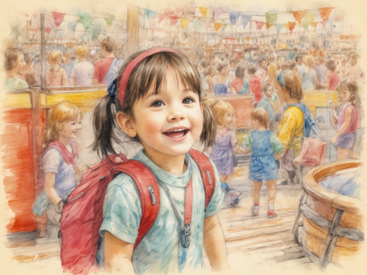 Ein lächelndes Mädchen mit einem roten Rucksack steht im Vordergrund. Sie trägt ein hellblaues T-Shirt und hat zwei Zöpfe. Im Hintergrund sind viele weitere Kinder und Erwachsene zu sehen, die sich auf einem bunten Kinderfest mit Festzelt und Wimpeln bewegen. Die Atmosphäre ist fröhlich und lebhaft, mit vielen bunten Kleidungsstücken und strahlenden Gesichtern.