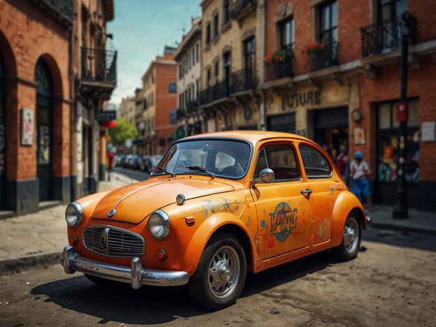 Auf dem Bild ist ein orangefarbener, nostalgischer VW Käfer zu sehen, der in einer städtischen Umgebung parkt. Die Wände der umliegenden Gebäude haben einen historischen Charakter mit Ziegelsteinen und Balkonen. Die Farbgestaltung des Autos könnte mit der lebendigen Kunstszene von Asheville in Verbindung stehen, die für ihre bunten Graffiti und kreative Straßenkunst bekannt ist. Diese Art von Fahrzeug könnte gut in das kreative Flair der Stadt passen, wo Kunst und Individualität hoch geschätzt werden.