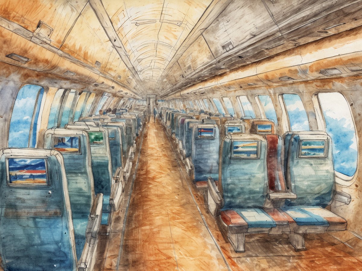 Das Bild zeigt das Innere eines Passagierflugzeugs. Die Gänge sind zwischen Reihen von blauen und grauen Sitzen angeordnet. An den Fenstern sind kleine Bildschirme angebracht, die Landschaften anzeigen. Das Licht strömt durch die großen Fenster und schafft eine helle und einladende Atmosphäre. In der Ferne sind einige Passagiere zu erkennen, die auf ihren Plätzen sitzen. Der Boden ist aus Holz und es ist klar, dass der Flugzeuginnenraum gut beleuchtet ist.