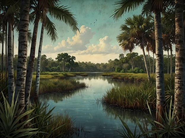 Auf dem Bild ist eine idyllische Landschaft zu sehen, die an die Everglades erinnert, ein einzigartiges Feuchtgebiet in Florida. Die Szene zeigt einen ruhigen Wasserlauf, umgeben von üppiger Vegetation, darunter hohe grüne Gräser und verschiedene Arten von Palmen. Die Bäume am Ufer könnten verschiedene Arten von Zypressen oder anderen heimischen Pflanzen sein. Der Himmel ist hell und weist einige Wolken auf, was auf ein friedliches, sonniges Wetter hindeutet. Diese natürliche Umgebung ist bekannt für ihre beeindruckende Biodiversität und die Vielzahl an Tierarten, die in den Everglades leben.