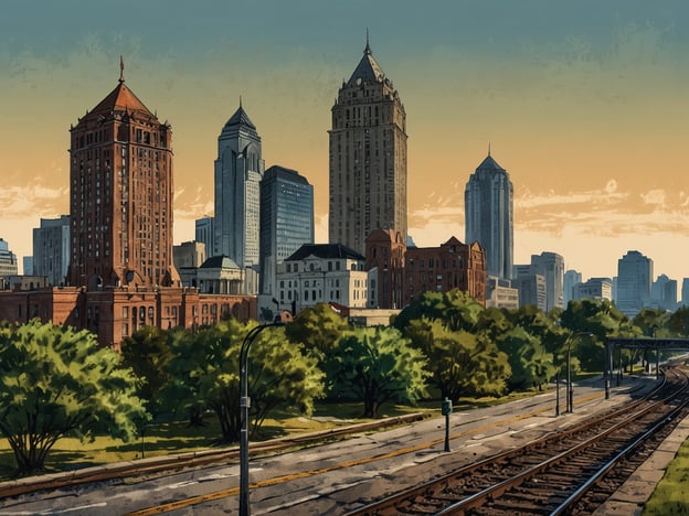 Auf dem Bild ist eine moderne Stadtlandschaft mit dem Himmel im Hintergrund zu sehen, die von hohen Gebäuden und einer grünen Umgebung geprägt ist. Dies könnte eine Darstellung von Atlanta sein, einer Stadt, die eine reiche Geschichte hat, angefangen von ihrer Gründung im Jahre 1837 als kleine Kreuzung von Eisenbahnen bis hin zu ihrer Entwicklung zu einem wichtigen wirtschaftlichen und kulturellen Zentrum des amerikanischen Südens.

Atlanta spielte eine bedeutende Rolle während des Bürgerkriegs und danach in der Reconstruction-Ära. In der Mitte des 20. Jahrhunderts wurde sie zu einem Dreh- und Angelpunkt für die Bürgerrechtsbewegung. Heute ist Atlanta bekannt für ihre Vielfalt, ihre florierende Wirtschaft und ihre bedeutenden Institutionen wie das Georgia Institute of Technology und die Emory University. Die Mischung aus historischer Architektur und modernen Wolkenkratzern im Bild spiegelt die Transformation der Stadt im Laufe der Jahre wider.