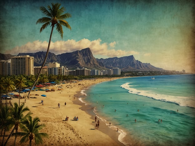 Auf dem Bild ist ein schöner Küstenabschnitt mit einem sonnigen Strand zu sehen. Diese Szenerie könnte in einem der besten Stadtteile von Honolulu, wie Waikiki, aufgenommen worden sein. Waikiki ist bekannt für seine traumhaften Strände, hohe Palmen und das klare, türkisblaue Wasser, das ideal zum Schwimmen und Surfen ist. Im Hintergrund sind die beeindruckenden Berge zu sehen, die typisch für die Landschaft von Honolulu sind. Die entspannte Atmosphäre und die vielen Freizeitmöglichkeiten machen diesen Ort besonders attraktiv für Besucher und Einheimische.