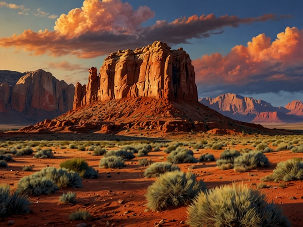 Monument Valley ist ein faszinierendes Naturwunder, das mit seinen beeindruckenden Felsformationen und majestätischen Landschaften Besucher aus der ganzen Welt anzieht. Die roten Sandsteinmonolithen, die sich dramatisch gegen den Himmel erheben, schaffen eine unvergessliche Kulisse, die oft als Symbol des Wilden Westens gilt.

Auf dem Bild ist ein markanter Felsen zu sehen, umgeben von der typischen Wüstenlandschaft von Monument Valley. Die warmen Farbtöne des Bodens harmonieren mit den roten und orangen Schattierungen der Felsformationen. Darüber ziehen sanfte Wolken am Himmel vorbei, was dem Bild eine besondere Stimmung verleiht. Das Spiel von Licht und Schatten verstärkt die eindrucksvolle Atmosphäre dieser einzigartigen Landschaft.