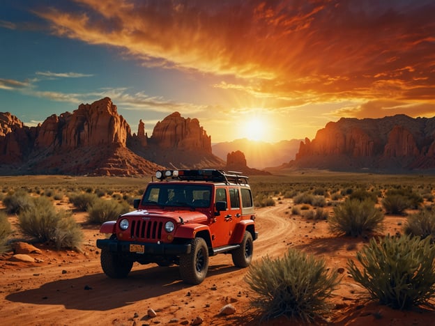 Auf dem Bild sieht man ein rotes Jeep-Fahrzeug, das auf einer staubigen Straße in Monument Valley steht, umgeben von majestätischen roten Felsen und einem beeindruckenden Sonnenuntergang im Hintergrund. 

In Monument Valley gibt es zahlreiche Aktivitäten und Erlebnisse, die Besucher genießen können. Man kann Off-Road-Touren unternehmen, um die eindrucksvollen Sandsteinformationen aus nächster Nähe zu erkunden. Eine geführte Tour von Navajo-Indianern bietet tiefe Einblicke in die Kultur und Geschichte der Region. 

Fotografie ist hier besonders beliebt, da die Landschaft mit ihren vielfältigen Farben und Formen atemberaubende Motive bietet. Außerdem kann man Wanderungen zu Aussichtspunkten machen, die einen spektakulären Blick auf das Valley bieten. 

Ein Besuch des Wassertanks und des berühmten Monument Valley Tribes Park ermöglicht es den Gästen, die beeindruckende Natur und das Erbe der Ureinwohner hautnah zu erleben.