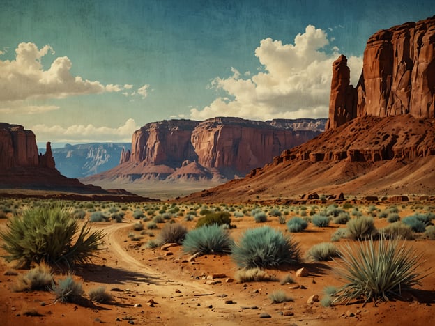 Auf dem Bild ist eine beeindruckende Landschaft zu sehen, die mit den weiten, offenen Flächen und den markanten Felsformationen weitläufiger Wüstenregionen assoziiert wird, ähnlich den ausgedehnten Gebieten in der Heimat der Navajo. Die Navajo-Kultur ist eng mit der Natur und der Landschaft verbunden, was sich in ihrer Spiritualität und ihrem täglichen Leben widerspiegelt. 

Die sanften Hügel und die majestätischen Monolithen sind nicht nur natürliche Elemente, sondern auch Orte der spirituellen Bedeutung für die Navajo. Die Landschaft wird als lebendig und voller Geschichte betrachtet, denn sie erzählt Geschichten von ihren Ahnen und den Wesenheiten, die die Erde bevölkern. Die Farben des Bodens und der Vegetation stehen in harmonischem Einklang mit den Lehren der Navajo, die das Land als heilig ansehen und eine tiefe Verbundenheit mit ihm pflegen. 

Die Wege im Vordergrund, die sich durch die Landschaft schlängeln, symbolisieren die Reisen und Übergänge im Leben, während die monumentalen Felsen im Hintergrund für Beständigkeit und die dauerhafte Verbindung zur Erde stehen. In der Kultur der Navajo ist das Land nicht nur ein Raum, sondern ein lebendiger Teil ihrer Identität.