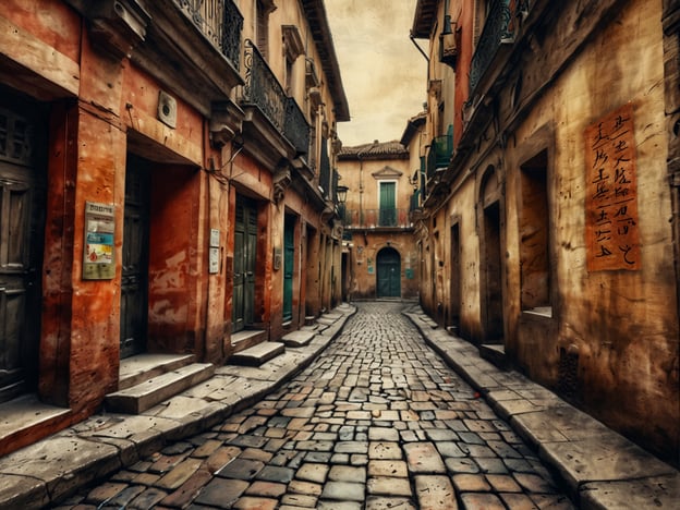 Auf dem Bild ist eine schmale, gepflasterte Gasse in einer alten, vermutlich mediterranen Stadt zu sehen. Die Wände der Gebäude sind in warmen Farbtönen gehalten, und es gibt historische Details wie Fenster mit Balkonen und Schriftzeichen an den Wänden.

Kulturell betrachtet könnte diese Gasse ein Beispiel für die Architektur und das Stadtbild von Regionen wie Italien oder Spanien sein, wo enge Gassen und lebendige Fassaden typisch sind. Solche Orte sind oft von Touristen besucht, da sie in der Regel eine reiche Geschichte beherbergen und traditionelles Handwerk, Gastronomie und Kunst bieten.

Politisch könnten solche Wohngebiete auch auf die Herausforderungen von Urbanisierung und Stadtentwicklung hinweisen. Viele dieser alten Stadtteile kämpfen mit der Abwanderung der Bevölkerung, dem Einfluss des Tourismus und der Erhaltung ihres kulturellen Erbes. Die Erhaltung solcher Gassen ist wichtig für die Identität der Stadt und deren Geschichte, aber auch für die wirtschaftliche Stabilität durch den Tourismus. 

Zusammenfassend zeigt das Bild nicht nur eine ästhetisch ansprechende Szenerie, sondern spiegelt auch tiefere kulturelle und politische Themen wider.