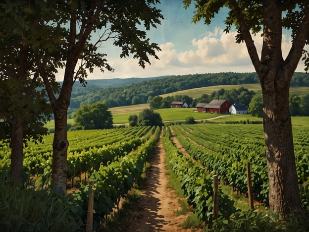 Auf dem Bild sind weite Weinberge zu sehen, die sich sanft über die Hügel erstrecken. Typisch für die Finger Lakes Region in New York, sind hier die grünen Reben aufgereiht, die in der warmen Sonne gedeihen. Im Hintergrund sind einige ländliche Gebäude, darunter rote Scheunen und ein weißes Haus, die der idyllischen Landschaft einen charmanten Charakter verleihen. Diese Region ist bekannt für ihre erstklassigen Weine, insbesondere Riesling und Gewürztraminer, die von der einzigartigen Geografie und dem Klima profitieren.