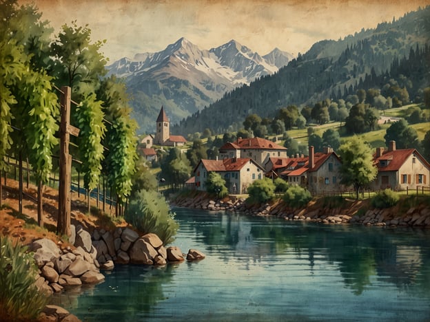 Auf dem Bild ist eine malerische Landschaft zu sehen, die einen ruhigen Fluss oder See, sanfte Hügel und charmante Gebäude am Ufer zeigt. Die Art der Architektur und die umgebende Natur erinnern an die idyllischen Städtchen entlang der Finger Lakes, wie zum Beispiel Skaneateles oder Hammondsport. Diese Orte sind bekannt für ihre wunderschöne Natur, Weinbaugebiete und entspannte Atmosphäre, die den perfekten Rahmen für Naturfreunde und Erholungssuchende bieten. Die Berge im Hintergrund und die Weinreben am Ufer verleihen der Szene zusätzlichen Charme.