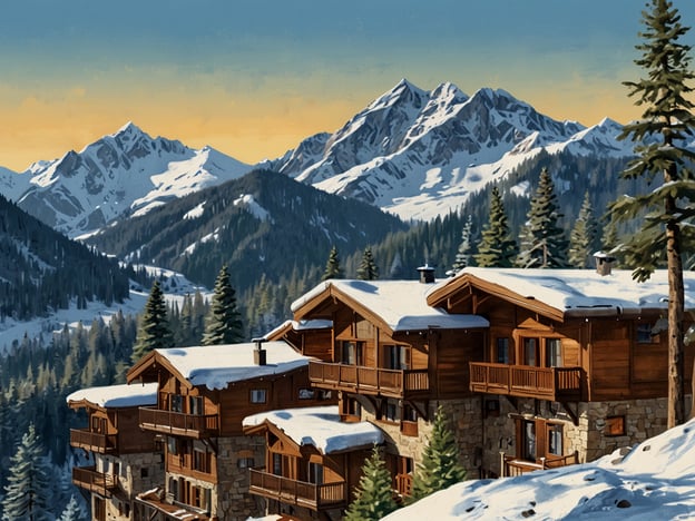 Auf dem Bild sind luxuriöse Unterkünfte in Vail zu sehen, eingebettet in eine atemberaubende winterliche Berglandschaft. Die Chalets aus Holz und Stein strahlen Eleganz und Gemütlichkeit aus, während die schneebedeckten Berge und die grünen Tannen eine malerische Kulisse bieten. Diese Umgebung ist ideal für einen exklusiven Aufenthalt in den Rocky Mountains, wo Komfort und Natur in perfekter Harmonie verbunden sind.