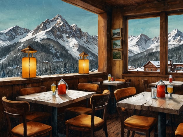 Auf dem Bild ist eine gemütliche Restaurant- oder Hüttenatmosphäre in den Bergen zu sehen, mit Blick auf schneebedeckte Berge und Wälder. Nach einem langen Skitag könnten hier kulinarische Highlights wie heißer Glühwein, deftige Speisen wie Käsefondue oder eine herzhafte Brotzeit mit Wurst und Käse serviert werden. Eine leckere Suppe könnte ebenfalls eine willkommene Option sein, um sich aufzuwärmen. Und zum süßen Abschluss wären Apfelstrudel oder Kaiserschmarrn perfekt.