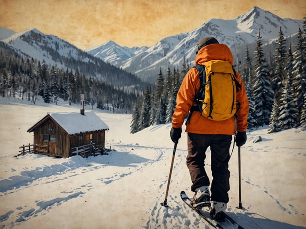 Auf dem Bild ist eine Person zu sehen, die sich abseits der Piste in einer winterlichen Landschaft bewegt. Sie trägt eine auffällige orangefarbene Jacke und hat einen Rucksack auf dem Rücken. Die Umgebung ist von Schnee und Bäumen geprägt, und im Hintergrund sind schneebedeckte Berge zu erkennen. In der Nähe sieht man eine kleine, rustikale Hütte, die ebenfalls im Schnee liegt. Diese Szenerie eignet sich hervorragend für Aktivitäten wie Schneeschuhwandern, Bergwandern oder das Erkunden der Natur in einer ruhigen, winterlichen Umgebung.