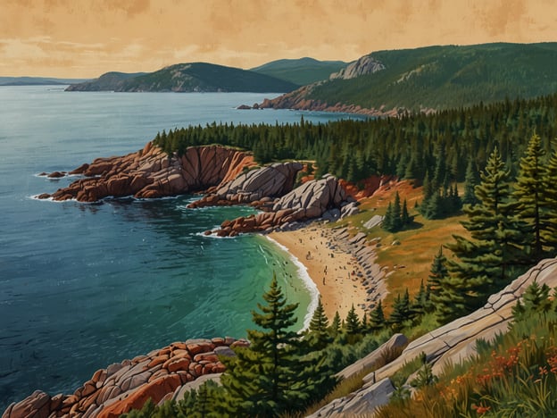 Das Bild zeigt eine malerische Küstenlandschaft, die an den Acadia Nationalpark erinnert. Im Vordergrund sind glatte, rote Felsen und eine geschwungene Strandlinie zu sehen, die in das ruhige, türkisfarbene Wasser übergeht. Die Umgebung ist von dichten grünen Wäldern, wahrscheinlich aus Nadelbäumen, umgeben. Im Hintergrund erheben sich sanfte Hügel und Berge, die den Eindruck einer unberührten Natur vermitteln. Diese Szenerie ist typisch für den Acadia Nationalpark, der für seine atemberaubenden Küstenlinien und vielseitige Landschaft bekannt ist. Er ist ein beliebtes Ziel für Naturliebhaber und bietet zahlreiche Möglichkeiten zum Wandern, Radfahren und zur Erkundung der Küstenregion.