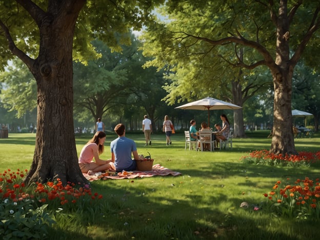 Auf dem Bild ist eine schöne Parklandschaft zu sehen. Im Vordergrund sitzen zwei Personen auf einer Picknickdecke und genießen ein gemütliches Picknick. Sie scheinen miteinander zu sprechen und die sonnige Atmosphäre zu genießen. 

Im Hintergrund gibt es eine Gruppe von Menschen, die an einem Tisch unter einem Sonnenschirm essen oder trinken. Einige Spaziergänger schlendern durch den Park, was auf eine lebhafte und einladende Umgebung hinweist. Die bunten Blumen und grünen Bäume tragen zur entspannten Stimmung bei und laden dazu ein, die Natur zu genießen und gemeinsame Zeit im Freien zu verbringen.