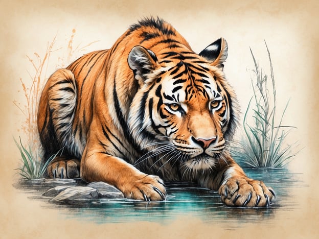 Auf dem Bild ist ein Tiger zu sehen, der am Ufer eines Gewässers sitzt. Der Tiger hat ein auffälliges gestreiftes Fell in orange und schwarz, und seine Augen wirken aufmerksam und fokussiert. Um ihn herum sind einige Gräser und Steine, die eine natürliche Umgebung suggerieren. Dies spiegelt die Tierwelt im Wildpark wider, wo solche majestätischen Tiere in einer naturnahen Umgebung leben können.