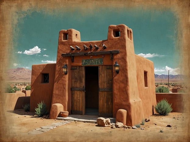 Auf dem Bild ist ein traditionelles Adobe-Gebäude zu sehen, das typischerweise für die Architektur in Santa Fe, New Mexico, steht. Es hat eine rustikale, erdige Farbe und ist mit schweren Holztüren und Laternen ausgestattet. Die Landschaft um das Gebäude ist von trockenen, wüstenähnlichen Pflanzen und bergen geprägt, was auf das Klima der Region hinweist. Solche Bauwerke spiegeln die kulturellen Einflüsse der spanischen und einheimischen Traditionen wider, die die Architektur von Santa Fe prägen.