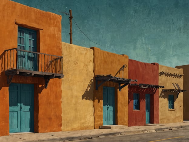 Auf dem Bild sind farbenfrohe, adobe-bauten aus der Kunstszene in Santa Fe zu sehen. Die Wände sind in warmen Erdtönen gehalten, darunter Orange, Gelb und Rot, während die Türen und Balkone in einem ansprechenden Türkisblau gestaltet sind. Diese Architektur spiegelt den charakteristischen Stil der Region wider, der stark von der kulturellen Vielfalt und dem künstlerischen Erbe Santa Fes geprägt ist. Die Schatten und Texturen der Wände verleihen dem Bild eine gewisse Tiefe und Wärme.