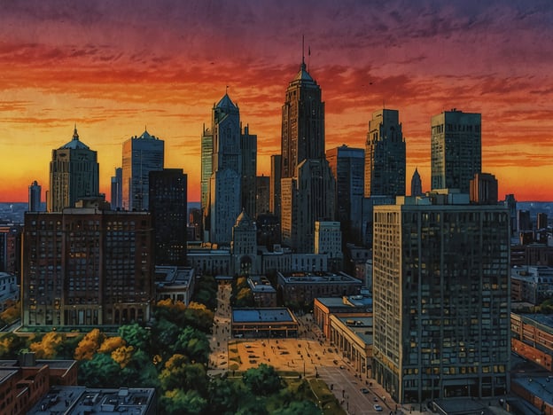 Das Bild zeigt eine beeindruckende Skyline mit modernen Hochhäusern, die vor einem dramatischen Sonnenuntergang skizziert sind. Die Stadt wirkt lebendig, während die Gebäude in verschiedenen Höhen und Designs aufragen. Die Szene vermittelt ein Gefühl von urbaner Dynamik und Ästhetik, ideal für eine Stadt wie Detroit, die für ihre industrielle Geschichte und kulturelle Vielfalt bekannt ist. Die grünen Bereiche unten fügen einen Hauch von Natur in die städtische Landschaft ein.