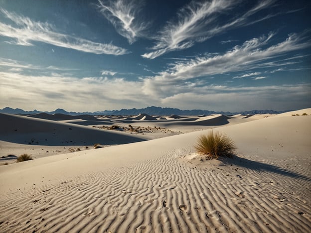 Auf dem Bild ist eine beeindruckende Landschaft des White Sands Nationalparks in New Mexico zu sehen. Der Park ist bekannt für seine weitläufigen weißen Gipsdünen, die sich sanft über die Landschaft ziehen. Der Himmel ist klar mit einigen Wolkenformationen, die eine malerische Kulisse bilden. Die Wellen im Sand und das dürre Gras, das hier und da aus dem Boden ragt, verleihen der Szene eine ruhige und eindrucksvolle Ästhetik. Dieses einzigartige Ökosystem zieht Besucher aus aller Welt an, die die faszinierende Schönheit der Wüstendünen erleben möchten.