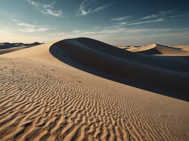 Auf dem Bild sind weiße Sanddünen zu sehen, die eine malerische Landschaft bilden. Die Dünen haben sanfte, geschwungene Formen, die im Sonnenlicht schimmern. Die Oberfläche des Sandes zeigt feine Muster, die durch Wind und Erosion entstanden sind. 

Die hellen Sanddünen reflektieren das Licht und differenzieren sich von den grauen und blauen Himmelstönen, was eine schöne Kontrastwirkung erzeugt. Solche Landschaften finden sich oft in trockenen Regionen und bieten eine besondere Ästhetik durch ihre schlichten, aber beeindruckenden Formen. Die Weite und Ruhe der Sanddünen vermittelt ein Gefühl von Abgeschiedenheit und Erhabenheit.