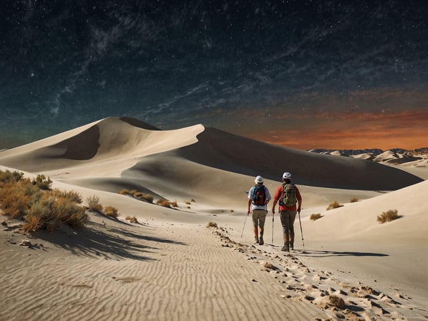 Auf dem Bild sieht man wahrscheinlich zwei Wanderer, die durch die beeindruckenden Sanddünen des White Sands Nationalparks gehen. Diese Aktivität ist sehr beliebt, da der Park für seine einzigartigen weißen Gipsgesteinsformationen bekannt ist. Die Wanderung bietet die Möglichkeit, die Landschaft zu erkunden, die Ruhe der Natur zu genießen und die verschiedenen Pflanzen und Tiere, die an dieses trockene Klima angepasst sind, zu beobachten. Viele Besucher nutzen auch die Gelegenheit, Fotos zu machen oder den Sonnenuntergang über den Dünen zu erleben.