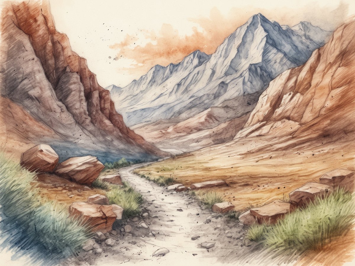 Eine malerische Landschaft mit einem schmalen Wanderweg, der durch eine gebirgige Umgebung führt. Auf der linken Seite erheben sich hohe, rotbraune Felsen, während im Hintergrund majestätische, schneebedeckte Berge zu sehen sind. Der Himmel zeigt ein sanftes orangefarbenes Licht, das die Szene beleuchtet. Am Wegesrand liegen einige große Steine und grünes Gras. Der Weg schlängelt sich durch das offene Gelände, das in sanften Erdtönen gehalten ist, und lädt zum Trekking in der Natur ein.