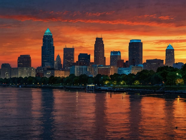 Auf dem Bild ist die Skyline von Cleveland zu sehen, die sich eindrucksvoll am Ufer des Eriesees erstreckt. Der Sonnenuntergang färbt den Himmel in warmen Orange- und Rottönen und spiegelt sich im Wasser des Sees wider, was eine malerische und friedliche Szene schafft. Cleveland, die größte Stadt im Bundesstaat Ohio, ist bekannt für ihre kulturelle Vielfalt und ihr reiches Erbe. Der Erie-See ist einer der fünf Großen Seen Nordamerikas und spielt eine wichtige Rolle in der Geschichte der Region, da er sowohl für den Handel als auch für die Freizeitaktivitäten der Bewohner von Bedeutung ist.