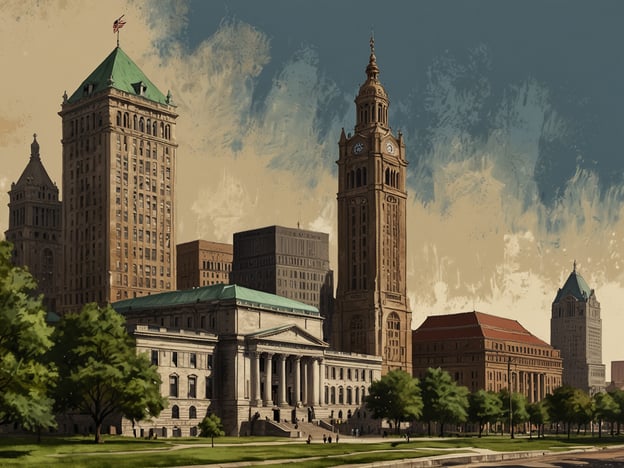 Auf dem Bild sind beeindruckende Gebäude und eine Stadtszene zu sehen, die an die Architektur von Cleveland erinnert. Im Vordergrund ist wahrscheinlich ein historisches Gebäude, das dem ikonischen Cleveland Public Library ähnelt, erkennbar an der majestätischen Säulenfront. Im Hintergrund steht ein Hochhaus, das die Entwicklung der Stadt im 20. Jahrhundert symbolisiert, als Cleveland zu einem wichtigen wirtschaftlichen Zentrum wurde.

Cleveland hat eine reiche Geschichte, die von industrialisiertem Wachstum geprägt ist. Zu Beginn des 20. Jahrhunderts erlebte die Stadt einen Boom, der durch die Lage am Eriesee und die Entwicklung von Verkehrswegen begünstigt wurde. Gebäude wie die auf dem Bild dargestellten reflektieren den Stolz und die Ambitionen der Stadt während dieser Zeit.