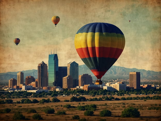 Das Bild zeigt eine malerische Aussicht auf die Stadt Albuquerque, die von bunten Heißluftballons überflogen wird. Im Vordergrund ist ein großer, gestreifter Heißluftballon zu sehen, während im Hintergrund die Skyline von Albuquerque mit modernen Gebäuden und den sanften Umrissen der umliegenden Berge steht. Die Szenerie strahlt eine friedliche und farbenfrohe Atmosphäre aus, die typisch für die beliebten Ballonfahrten in dieser Region ist.