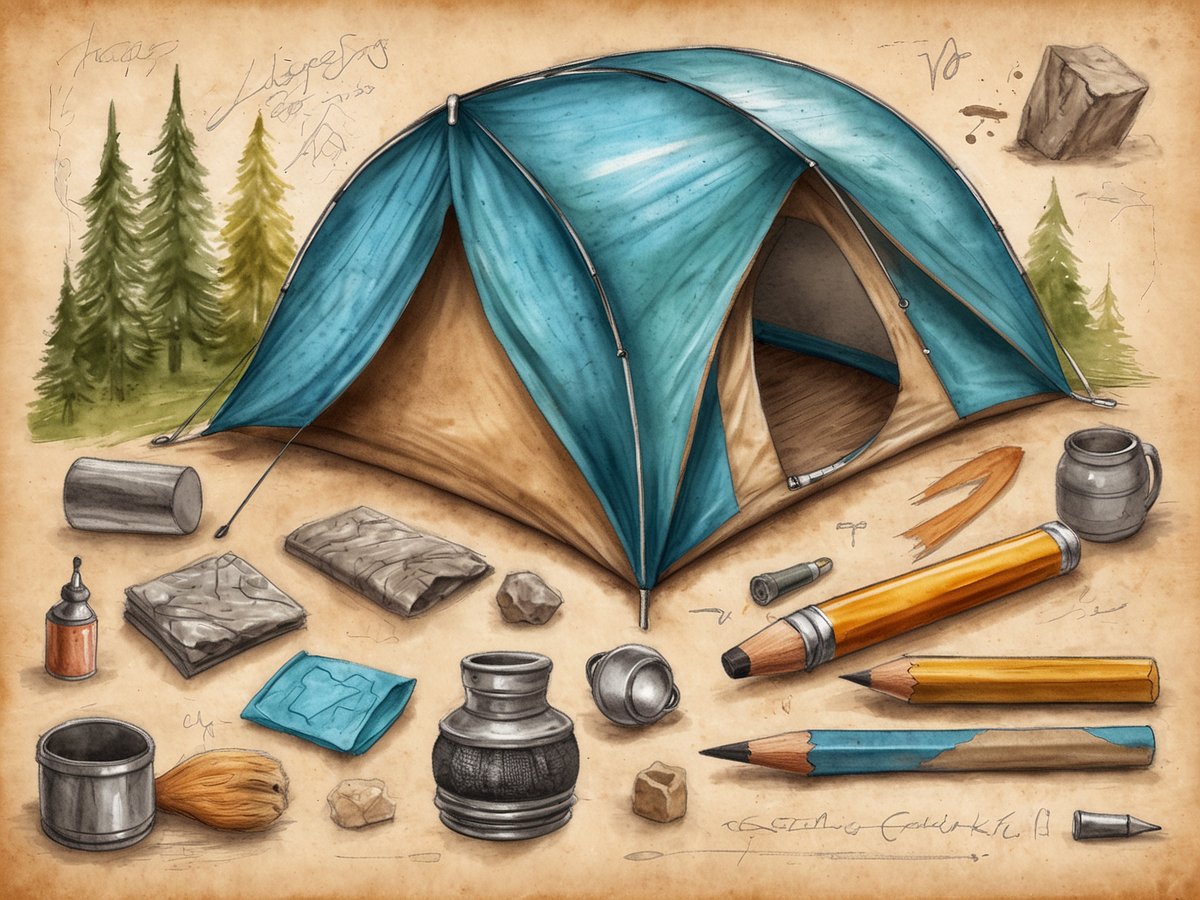 Auf dem Bild ist ein buntes Campingzelt in der Mitte zu sehen, umgeben von verschiedenen Campingutensilien. Das Zelt hat eine blaue und beige Farbe und ist offen. Neben dem Zelt liegen ein kleiner Kochtopf, eine Tasse, eine Pinsel, eine orangefarbene und zwei andere Bleistifte, ein verzweigte Stück und einige Steine. Im Hintergrund sind grüne Nadelbäume zu erkennen, was eine natürliche Umgebung darstellt. Der Hintergrund hat ein papierartiges Aussehen, das dem Bild eine handgezeichnete Note verleiht.