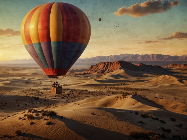 Auf dem Bild sind mehrere bunte Heißluftballons zu sehen, die über eine weite Wüstenlandschaft schweben. Die sanften, goldenen Sanddünen erstrecken sich bis zum Horizont, während die Sonne sanfte Lichtstrahlen wirft und die Szene in warmen Farben erstrahlen lässt. Diese Ballonfahrten über die Wüste bieten ein atemberaubendes Erlebnis, bei dem man die Schönheit der Natur aus der Vogelperspektive genießen kann. Die Kombination aus der unendlichen Weite der Wüste und dem ruhigen Gleiten durch die Luft schafft eine friedliche und majestätische Atmosphäre.