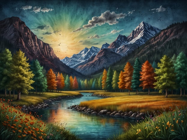 Auf dem Bild ist eine beeindruckende Landschaft zu sehen, die das Zusammenspiel von Natur und Kunst eindrucksvoll widerspiegelt. Majestätische Berge erheben sich im Hintergrund, während die sanften Lichtstrahlen der Morgensonne die Szene in ein warmes Licht tauchen. Im Vordergrund fließt ein glitzernder Fluss, der die umgebenden Farben der Bäume und Blumen reflektiert. Die lebendige Palette der herbstlichen Bäume, die in verschiedenen Farbtönen erstrahlen, zeigt die Schönheit der Natur, während die künstlerische Darstellung dieser Landschaft die Verbindung zwischen natürlichem Wunder und menschlicher Kreativität verdeutlicht. Diese harmonische Komposition lädt den Betrachter ein, in die Ruhe und Pracht der Natur einzutauchen.